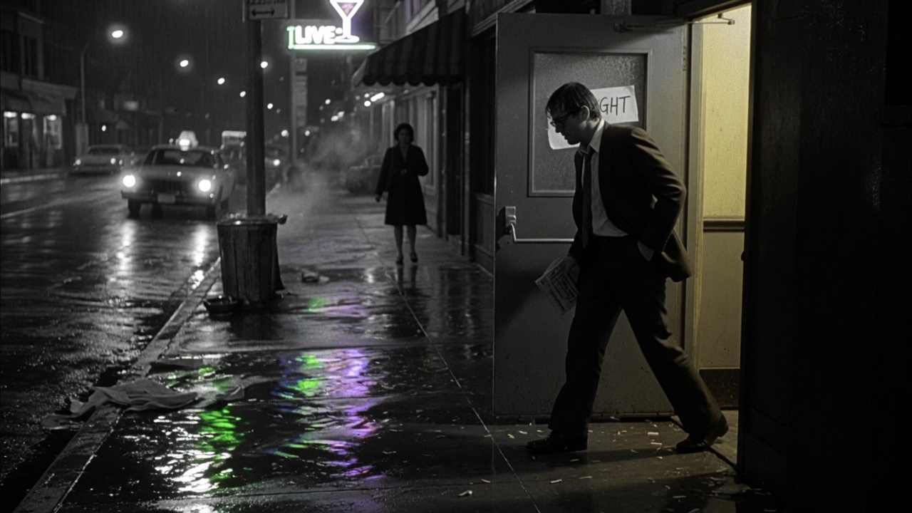 Man leaving a venue onto a wet night street