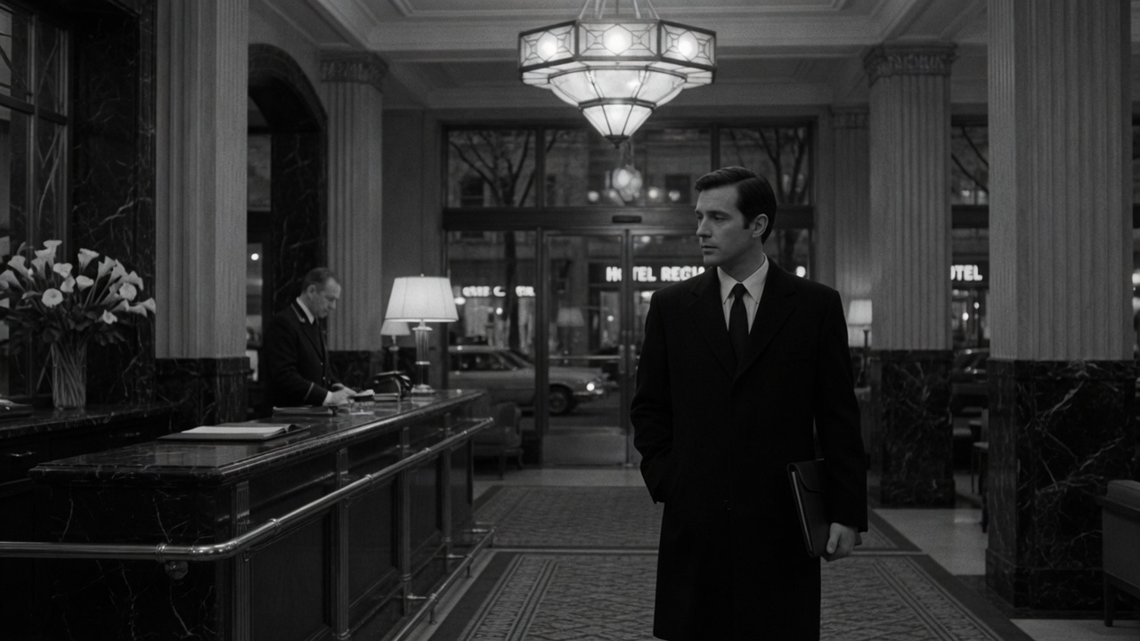Man walking through a hotel lobby