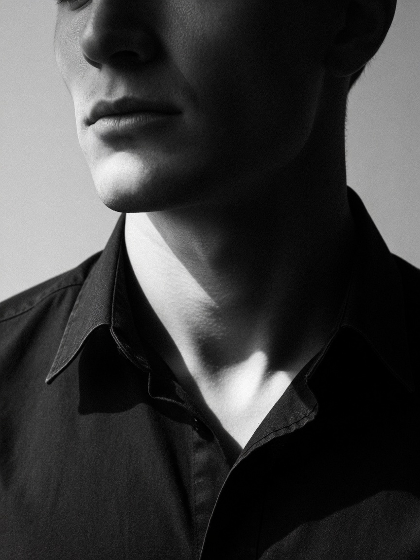 Close crop of a man in a dark shirt